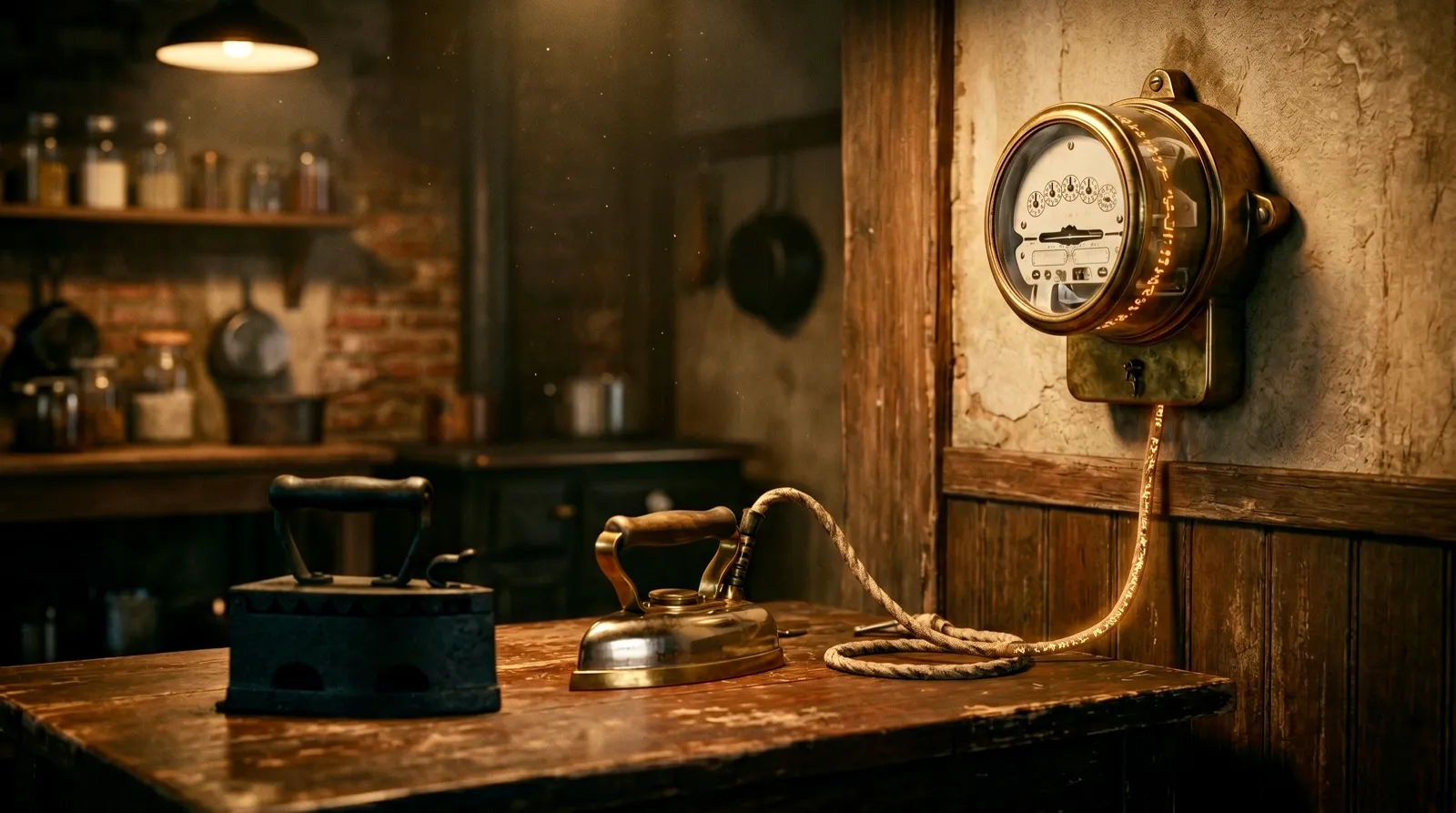 A vintage electric iron on a wooden table, wired to an old electric meter mounted on the wall.