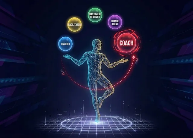 A wireframe figure juggling glowing orbs labeled with Scrum Master stances such as coach, teacher, and impediment remover.