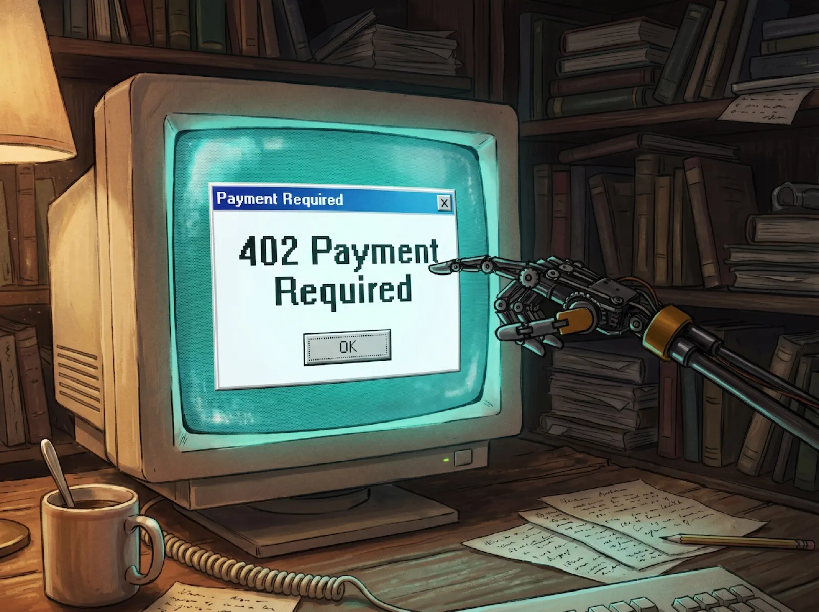 A robotic hand clicking a '402 Payment Required' dialog on a retro computer screen.