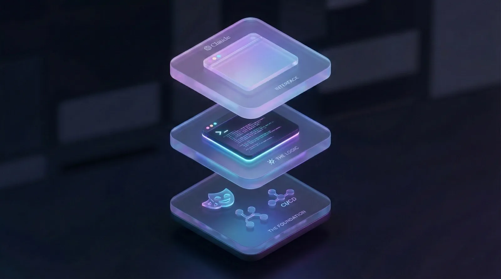 Three translucent glass layers floating in a stack, representing an interface, its logic, and the foundation underneath.
