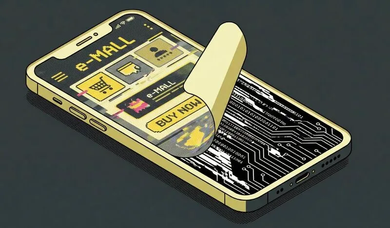 A shopping app interface peeling off a smartphone screen to reveal circuitry underneath.