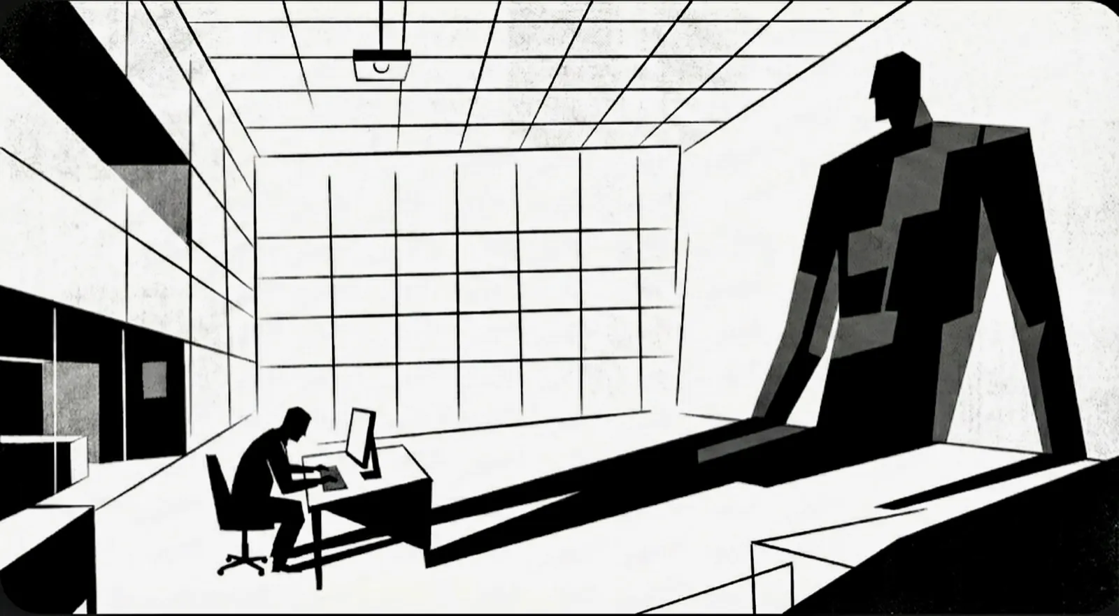 A worker at a small desk casting a giant human-shaped shadow across the office wall.