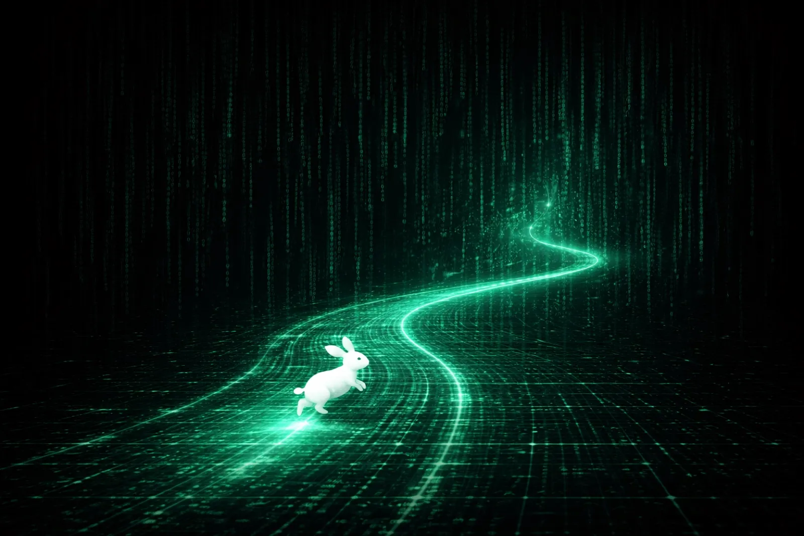A white rabbit running along a glowing path through streams of green digital rain.