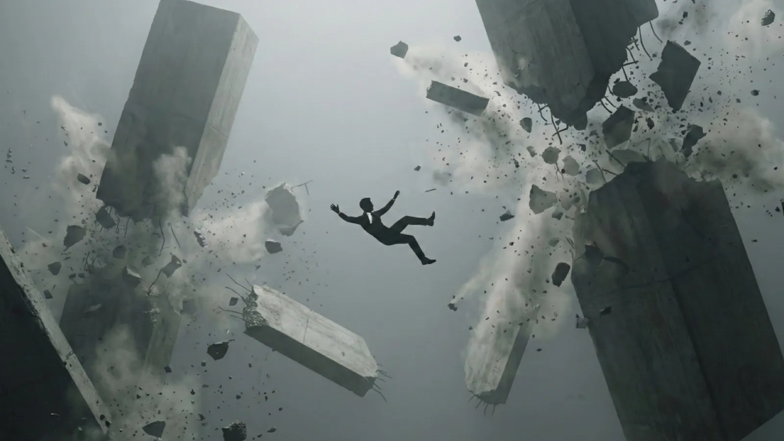 A lone figure in freefall among massive concrete monoliths crumbling apart in grey mist.